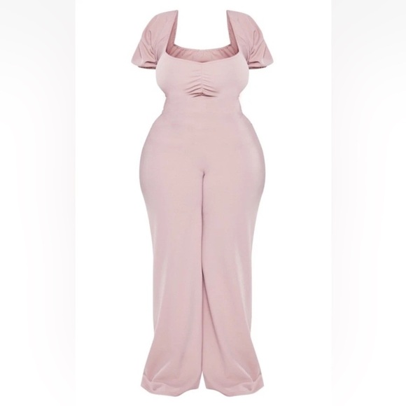NWT Pretty Little Thing Pink Crepe Ruched Puff Sleeve‎ Jumpsuit Womens 18 (1451) - Picture 2 of 6